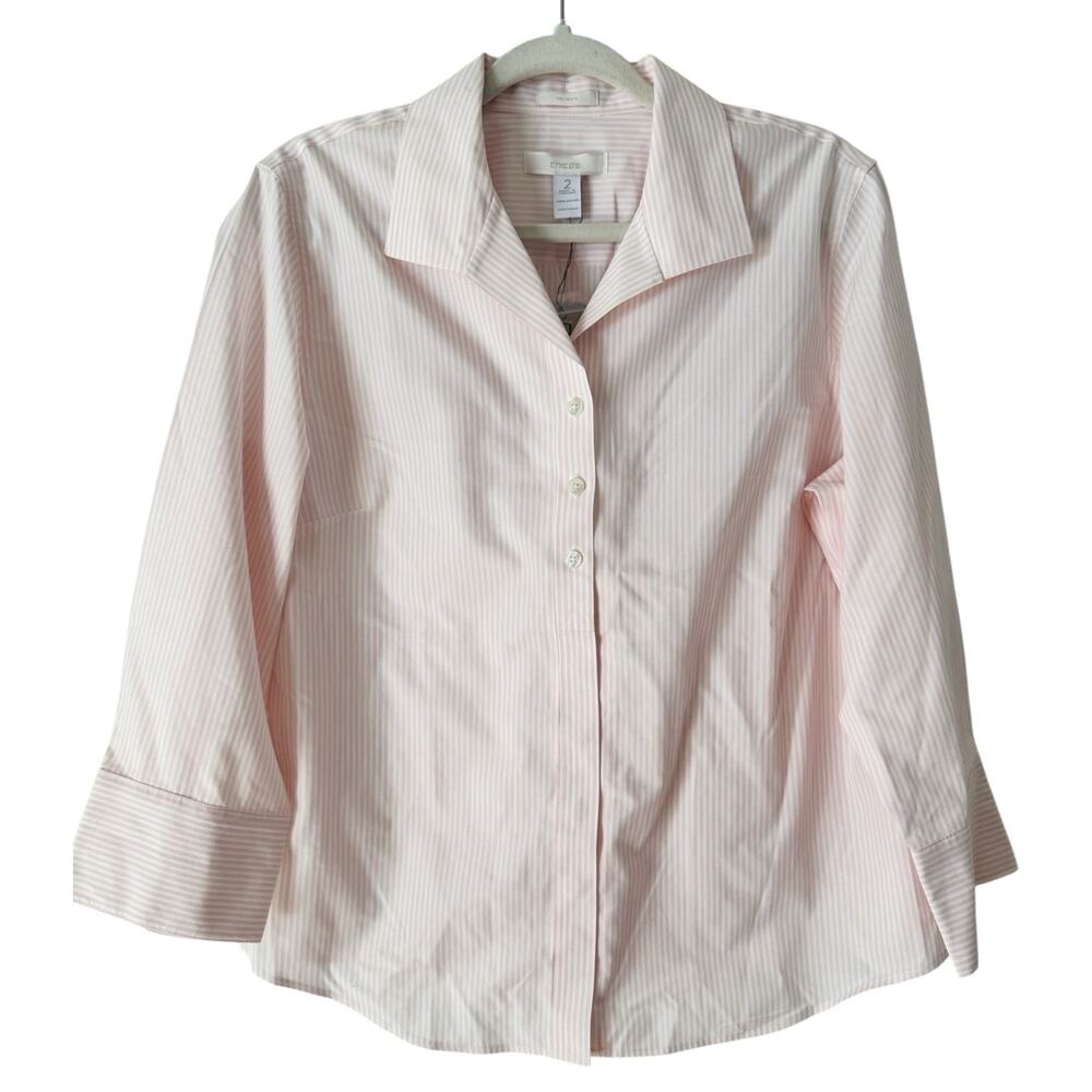 NWD Chicos Effortless Stripe Button Up Blouse Strawberry Cream Size 2 Large